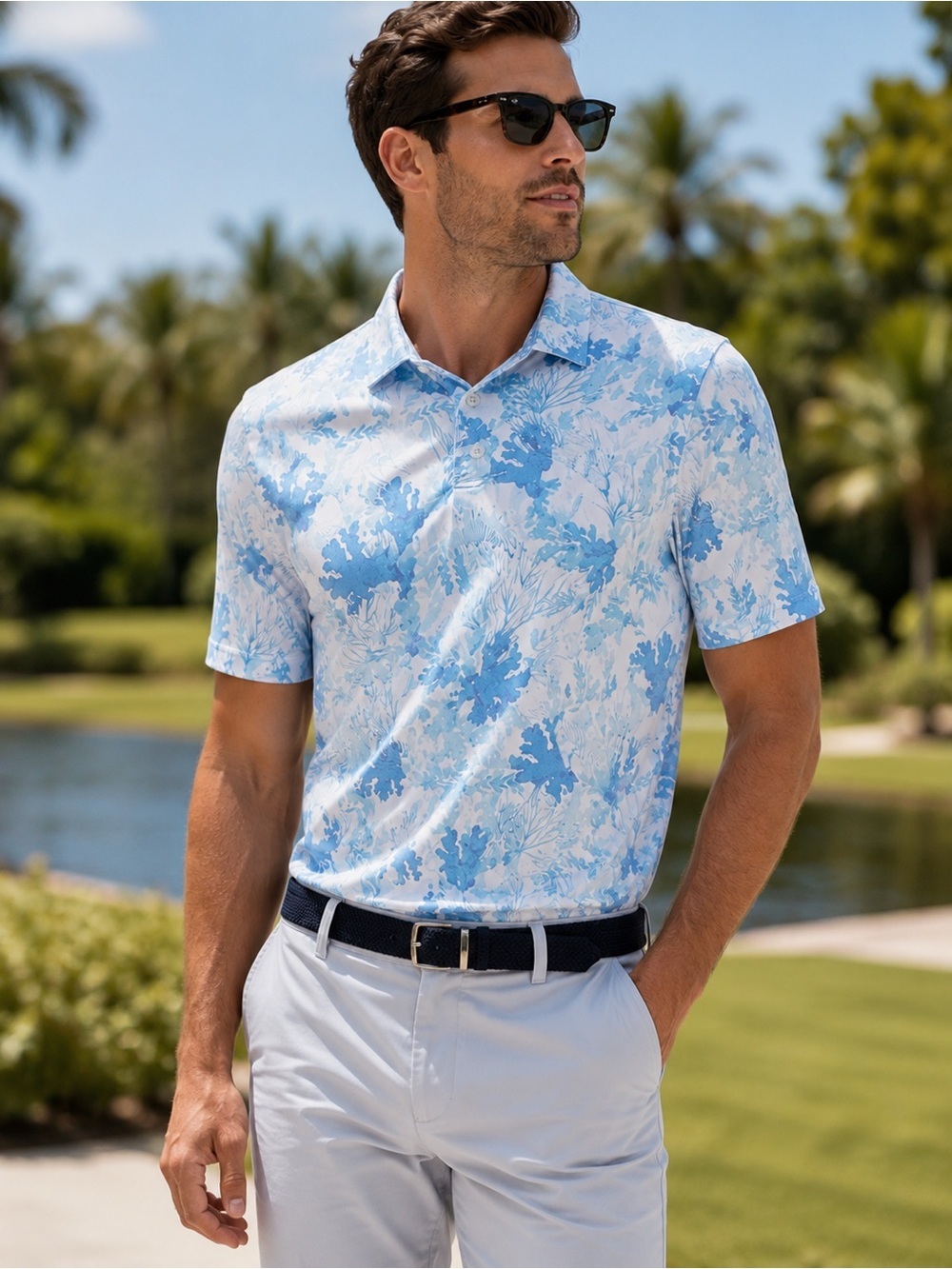 Scales Men’s Performance Stretch Golf Polo Size L Coral All Over Print Blue.